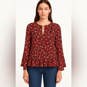 Michael Kors Boho Ruffle Sleeve Ruffle Hem Lightweight Floral Red Pink Blouse M
